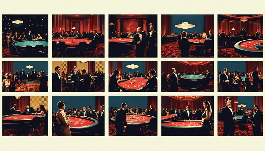 A montage of famous casino movie scenes showing lavish casino interiors and intense gaming moments