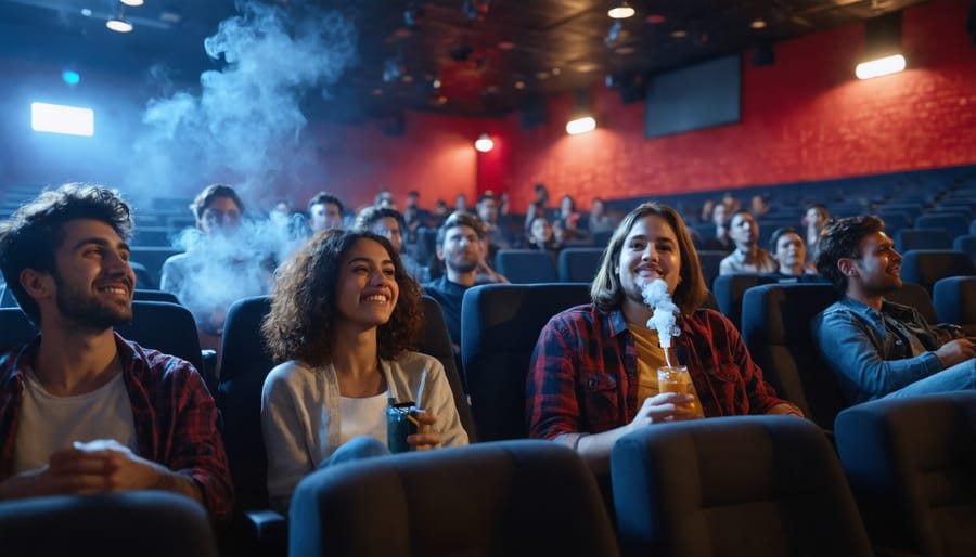 Cinema with audience members vaping during a film screening