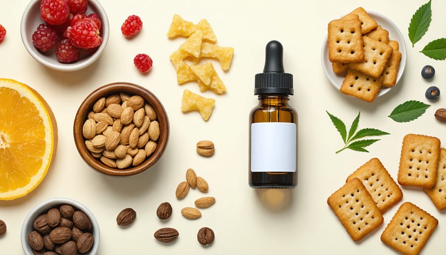 Healthy movie snacks arranged with CBD oil bottle