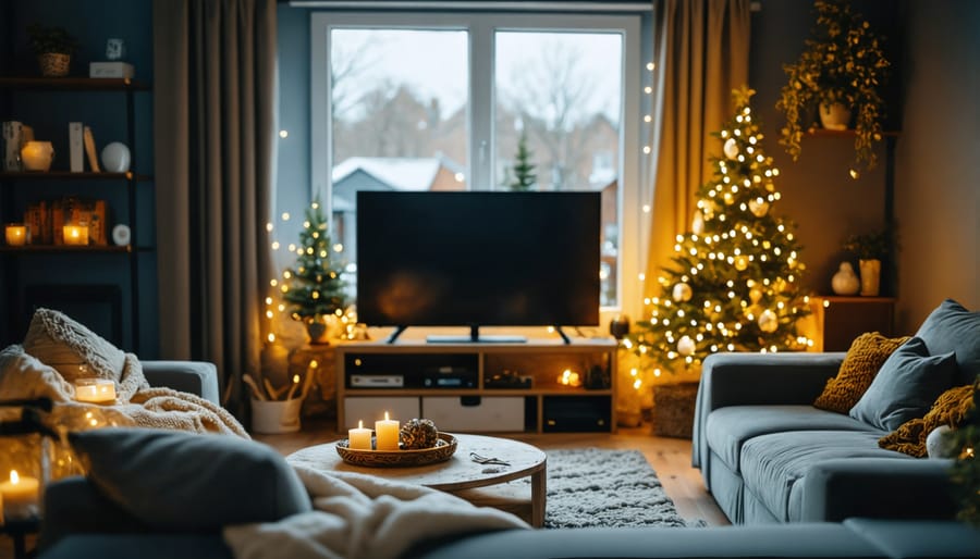 Comfortable home theater setup with soft lighting and cozy blankets