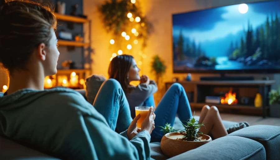 Friends sharing a relaxed movie night experience